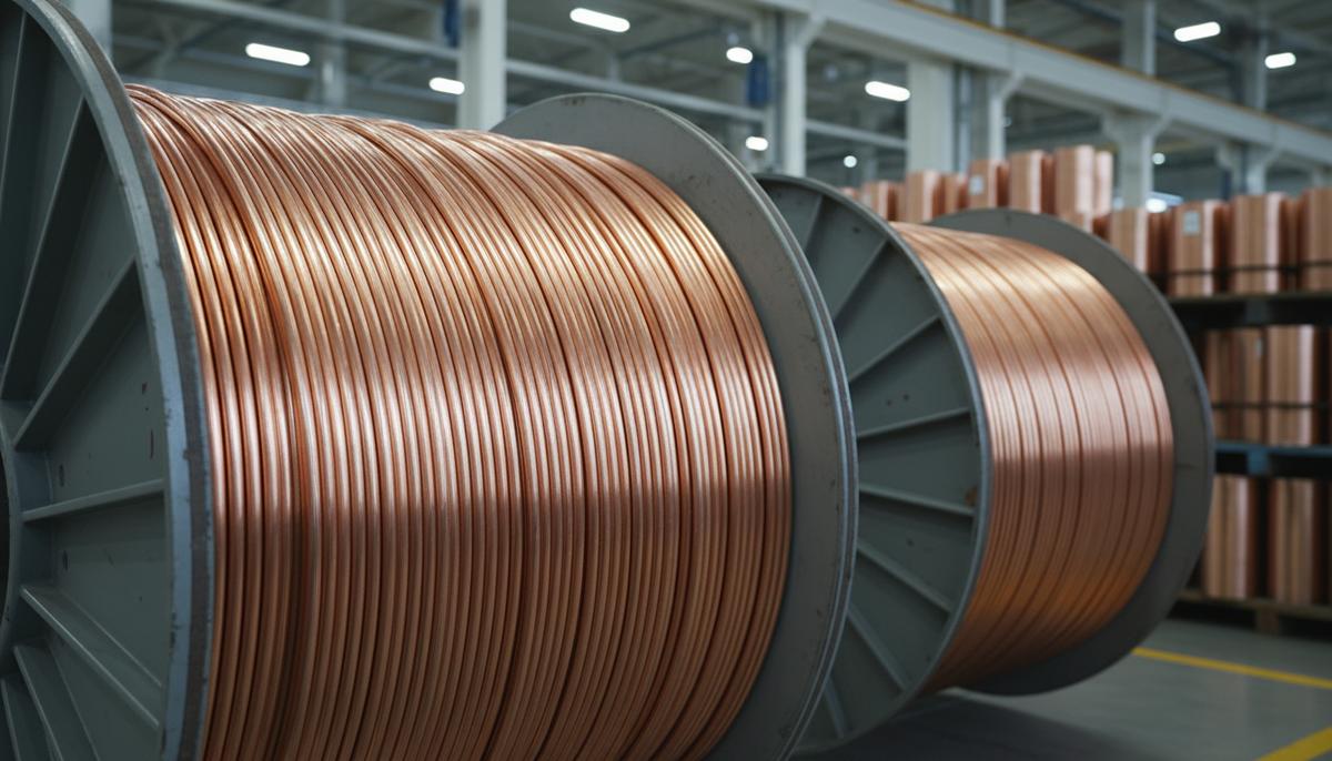 Крупные катушки с блестящими медными силовыми кабелями на современном заводе. На заднем плане аккуратно сложены медные катанки.
