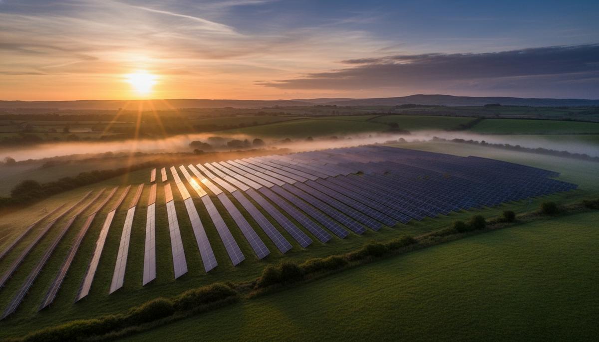 Солнечная электростанция с рядами фотоэлектрических панелей, расположенная на зеленых холмах Ирландии на рассвете.