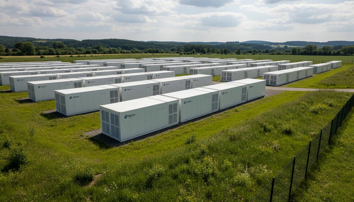 Современная система накопления энергии: ряды крупных аккумуляторных блоков в контейнерах на фоне зеленого пейзажа в Вильштетте, Германия.