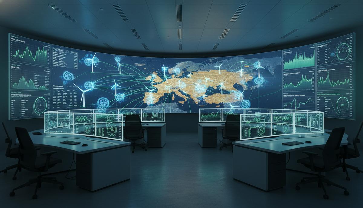 Современный центр управления энергетикой с большими экранами, на которых отображаются данные и карта электросетей с ветряными турбинами.