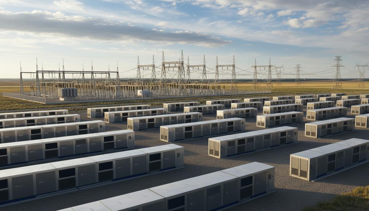 Ряды контейнеров системы накопления энергии на фоне электрической подстанции и линий электропередачи.