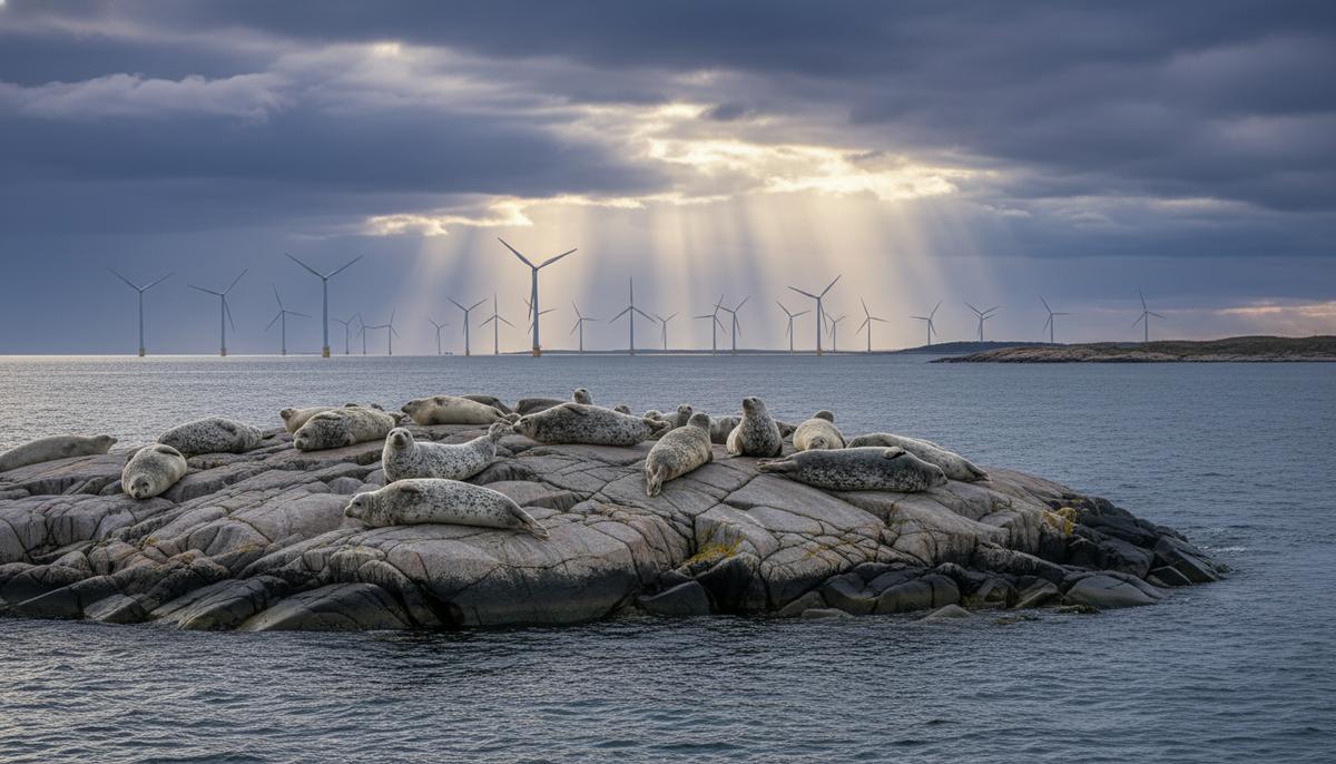 Серые тюлени отдыхают на скалистом островке в Балтийском море на фоне морской ветроэлектростанции на горизонте.
