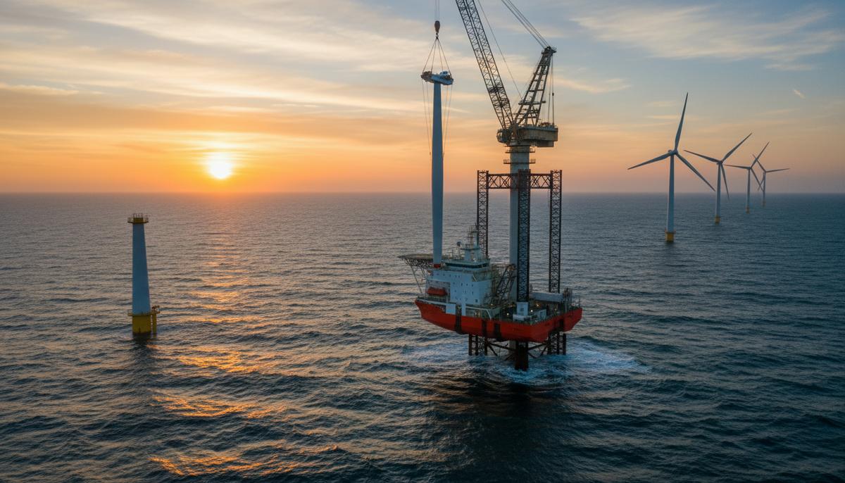 Морская ветряная электростанция в процессе строительства в Балтийском море. Судно-установщик монтирует ветрогенератор на фоне других турбин.