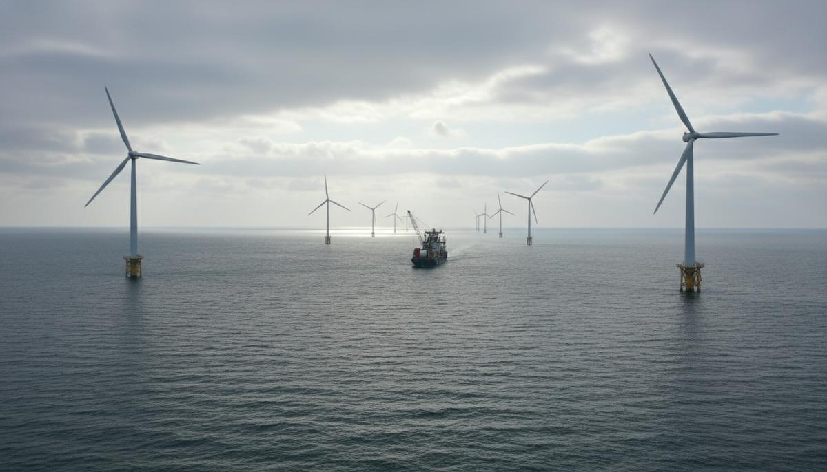 Крупные ветряные турбины морской электростанции в Балтийском море. На горизонте судно для прокладки подводных кабелей.