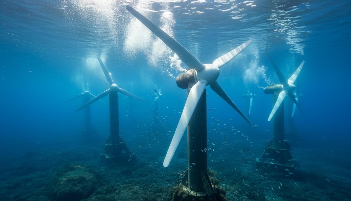 Подводные приливные турбины, установленные на морском дне в сильном течении. Солнечные лучи пробиваются сквозь толщу воды.