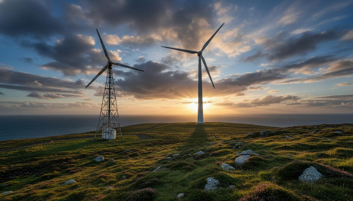 Старая и новая ветряные турбины на холмистом зеленом побережье Оркнейских островов в Шотландии под драматичным облачным небом.