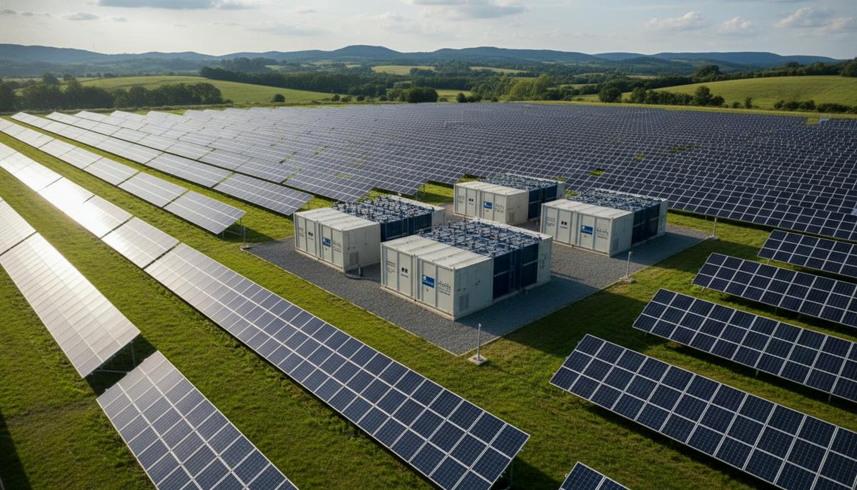 Солнечные панели на поле рядом с большими контейнерами системы накопления энергии на гибридной солнечно-аккумуляторной ферме.