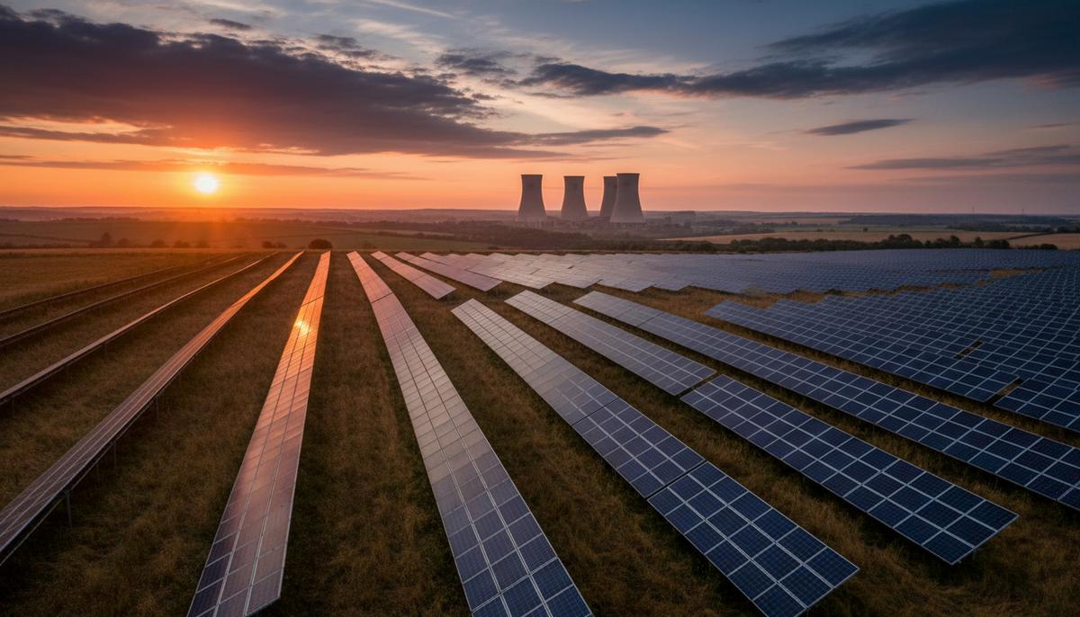 Огромная солнечная электростанция в Восточном Йоркшире, Великобритания. Солнечные панели уходят за горизонт на фоне градирен электростанции Дракс.