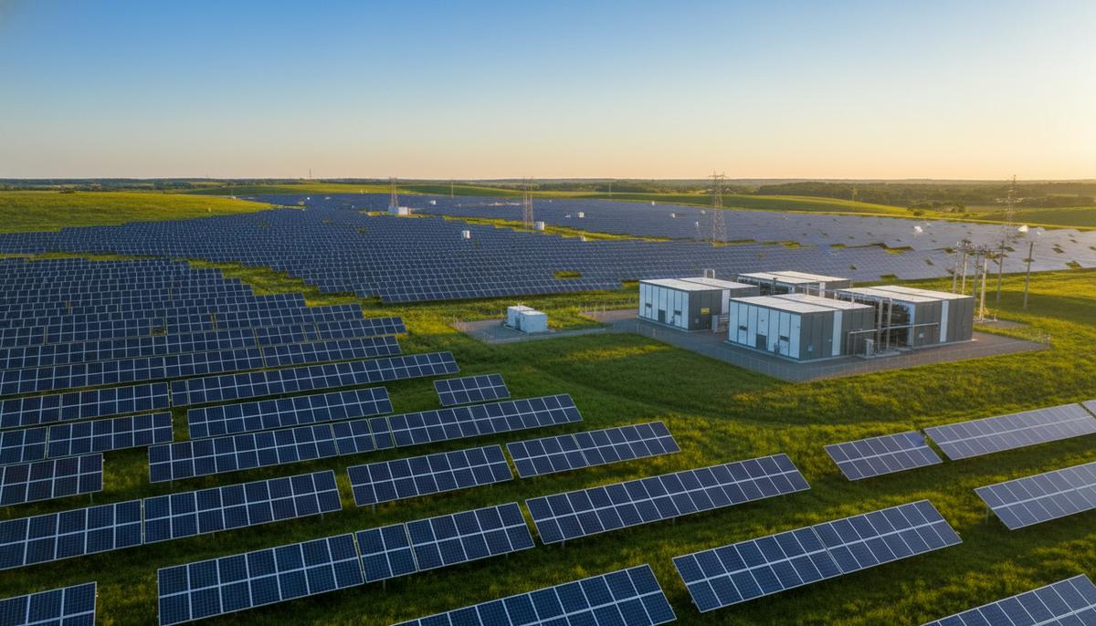 Огромная солнечная электростанция с рядами фотоэлектрических панелей на зеленых холмах и здание системы накопления энергии.