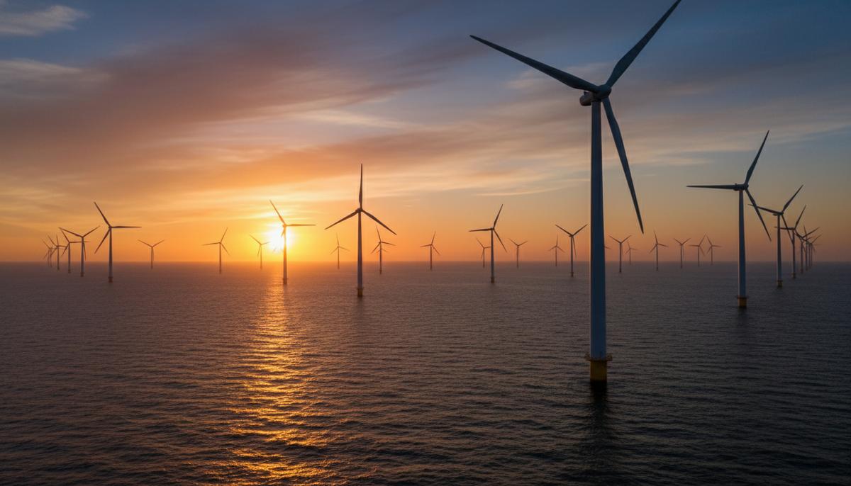 Морской ветропарк у побережья Великобритании. Ряд огромных ветрогенераторов стоит в море на фоне восходящего солнца.
