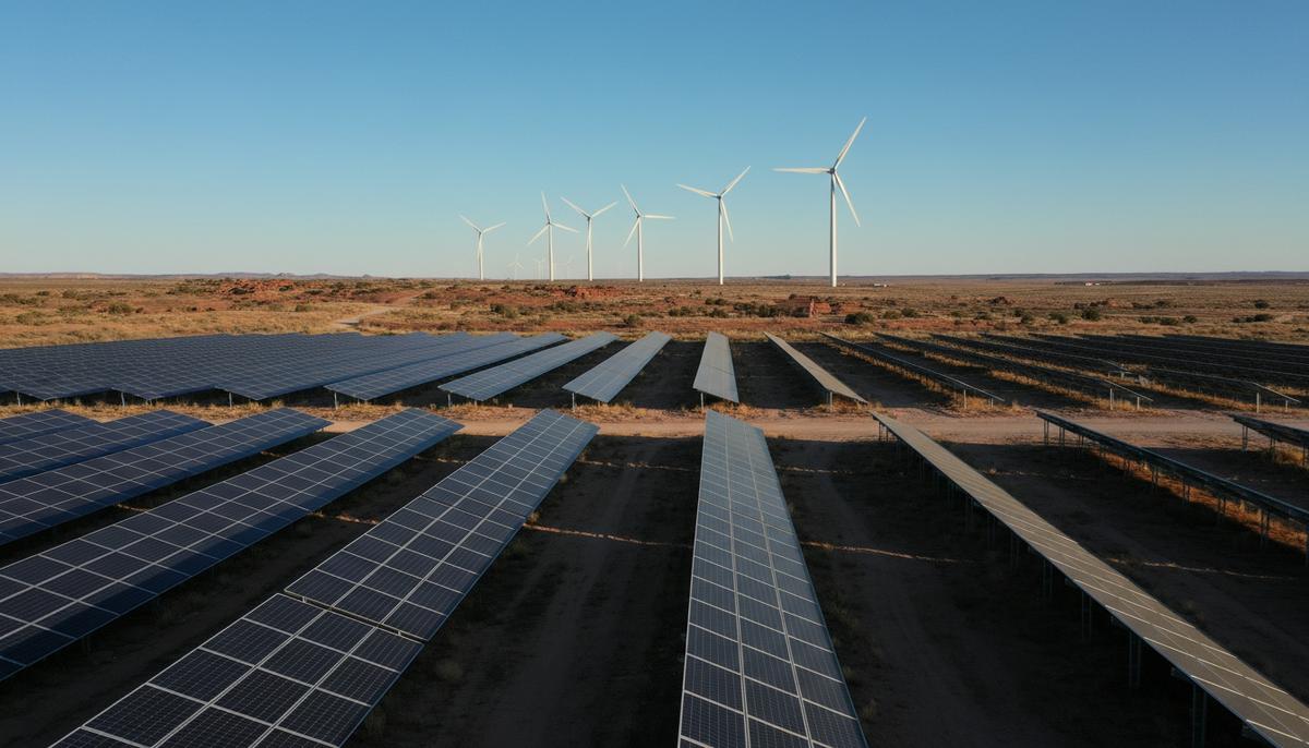 Солнечная электростанция с рядами панелей на переднем плане и ветряные турбины на горизонте в американском пейзаже.