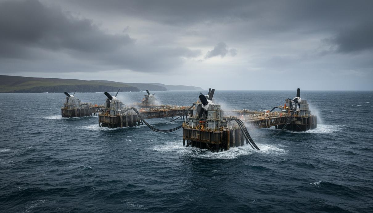 Массив приливных энергоустановок в море у Оркнейских островов, Шотландия. Мощные турбины видны над волнами среди морской инфраструктуры.
