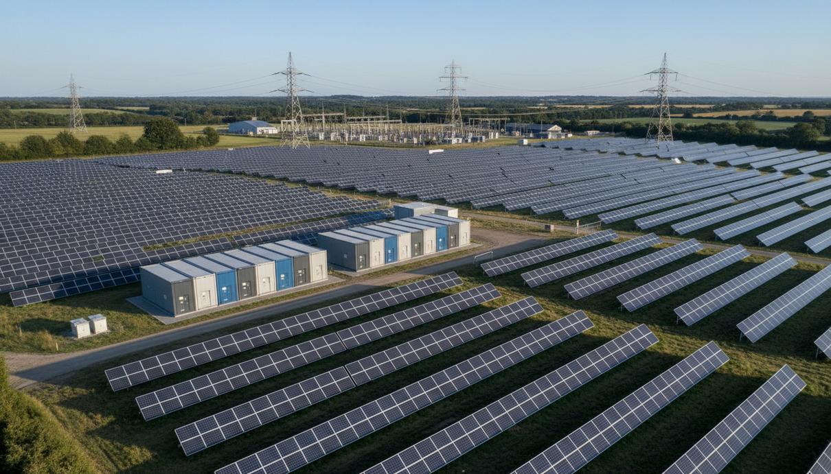 Солнечная электростанция с рядами фотоэлектрических панелей и контейнерами системы накопления энергии на обширном поле в Великобритании. Вдалеке видны линии электропередач и электроподстанция.