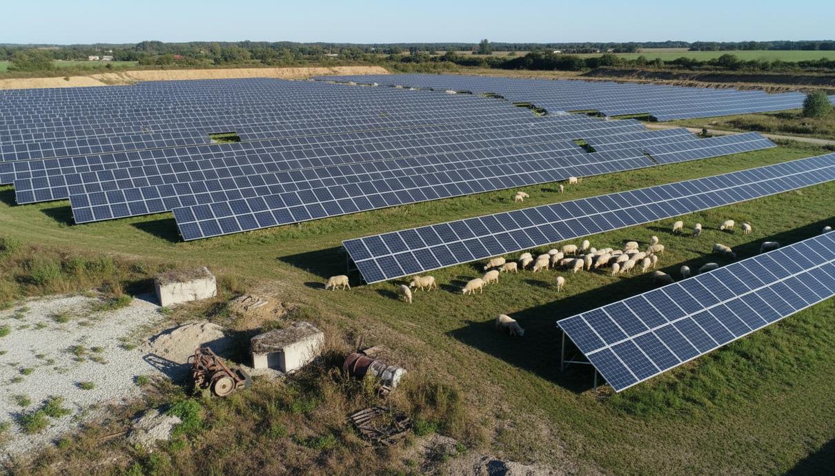 Солнечный парк на месте бывшего гравийного карьера во Франции. Ряды фотоэлектрических панелей, под ними пасущиеся овцы. Пейзаж сельской местности.
