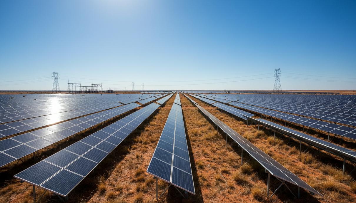 Масштабная солнечная электростанция с тысячами панелей, простирающимися до горизонта в засушливом ландшафте Южной Африки под ясным небом.