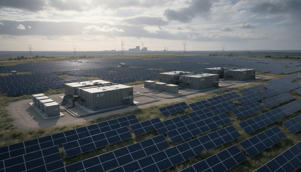Солнечная электростанция с рядами фотоэлектрических панелей и интегрированными системами накопления энергии в европейском ландшафте, с элементами энергетической инфраструктуры.