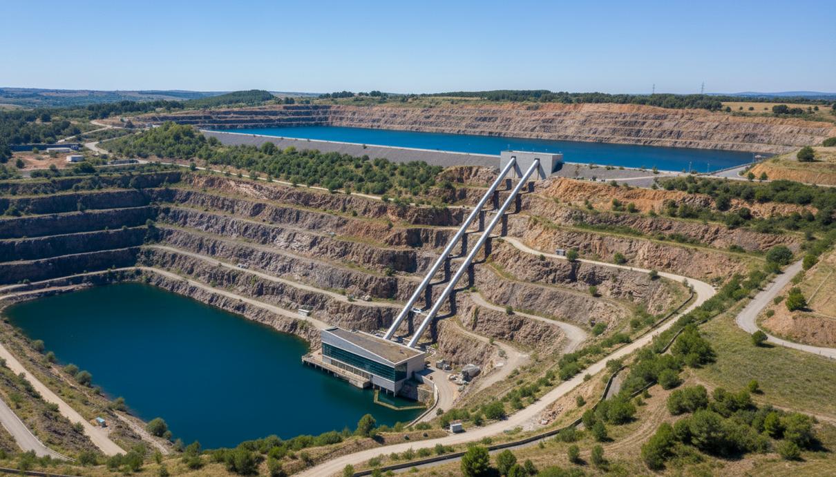 Панорамный вид гидроаккумулирующей электростанции на месте бывшей горнодобывающей площадки в Кастилии-Леоне, Испания, с резервуарами и трубопроводами.