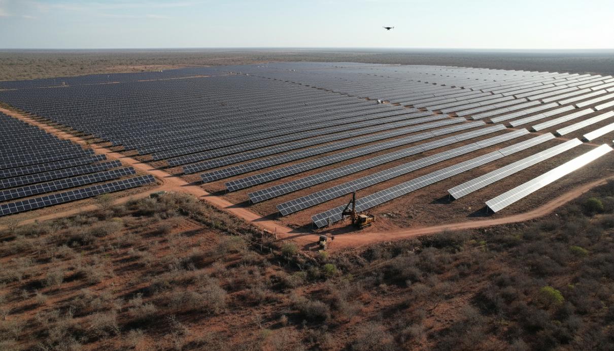 Масштабный солнечный комплекс в Бразилии: ряды фотоэлектрических панелей на фоне полупустынного ландшафта.