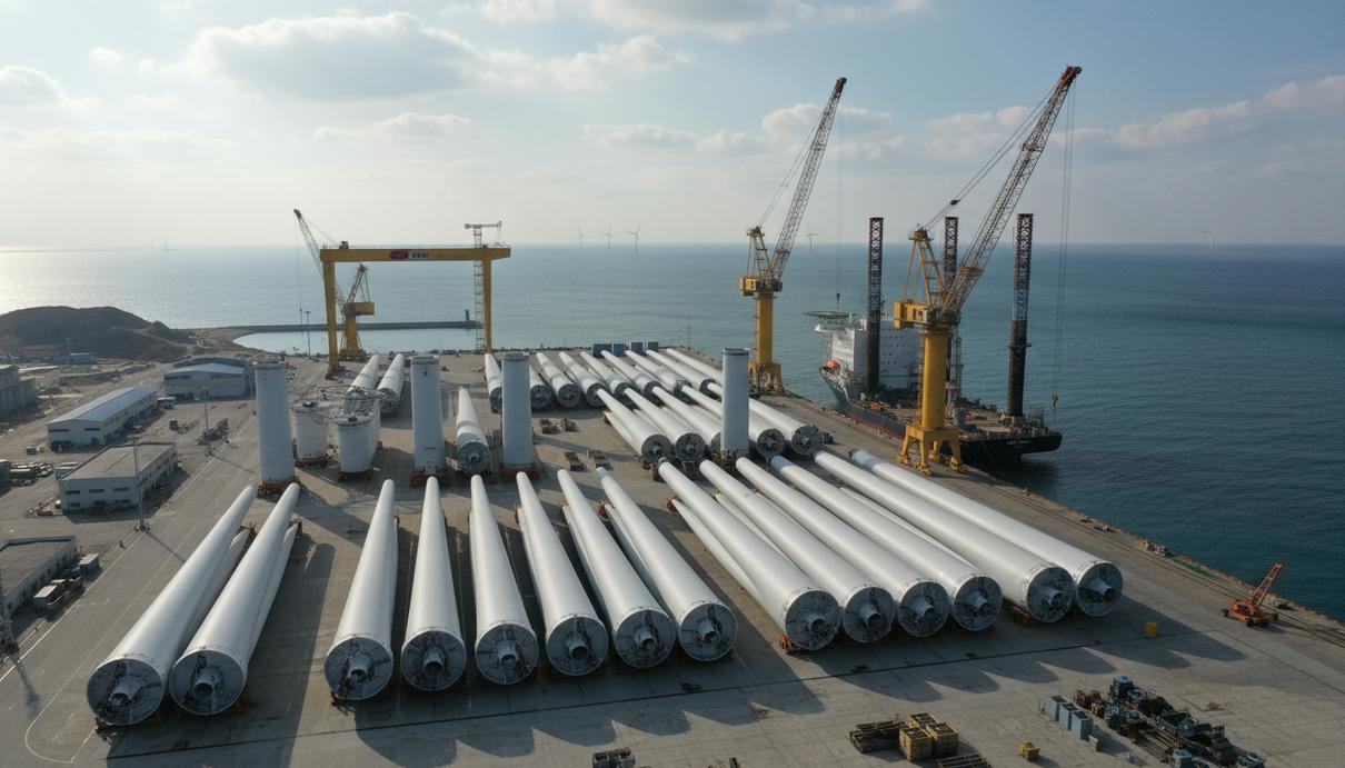 Морской порт в Данджине, Южная Корея, с гигантскими компонентами ветряных турбин, кранами и специализированными судами у причала.