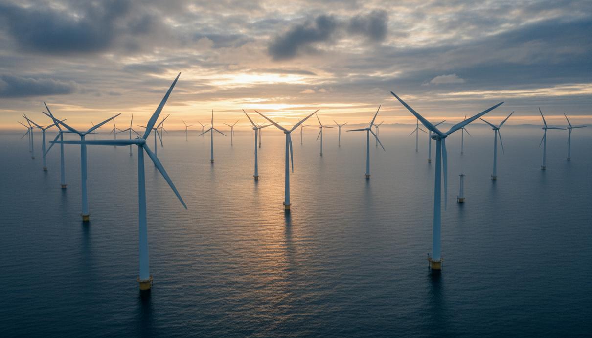 Масштабная морская ветроэнергетическая ферма: мощные ветряные турбины Vestas V236 15 МВт в открытом море. Горизонт, спокойная вода, на дальнем плане берег.