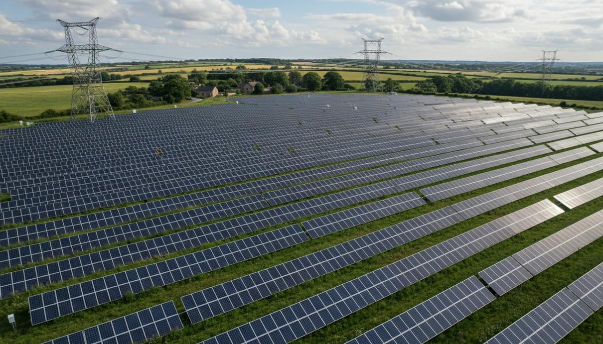 Панорамный вид на солнечную электростанцию в сельской местности Великобритании, с рядами фотоэлектрических панелей, простирающимися до горизонта. На заднем плане видны линии электропередач.