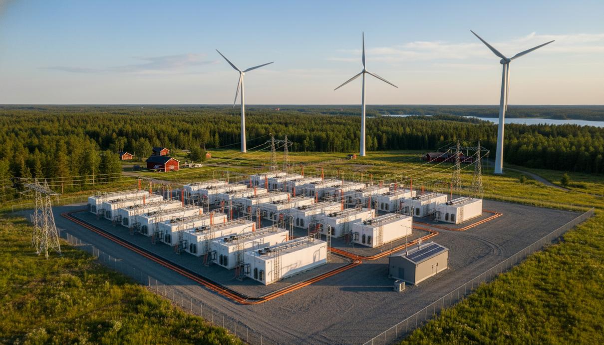 Мощные контейнерные системы накопления энергии на открытой площадке в сельской местности Финляндии, рядом с ветряными турбинами.