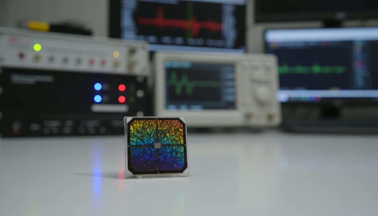 Крупный план экспериментального перовскитного солнечного модуля на лабораторном столе с научным оборудованием на заднем плане.