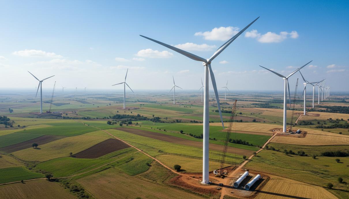 Современные ветряные турбины установлены в сельской местности Индии на фоне ясного неба и сельскохозяйственных полей.