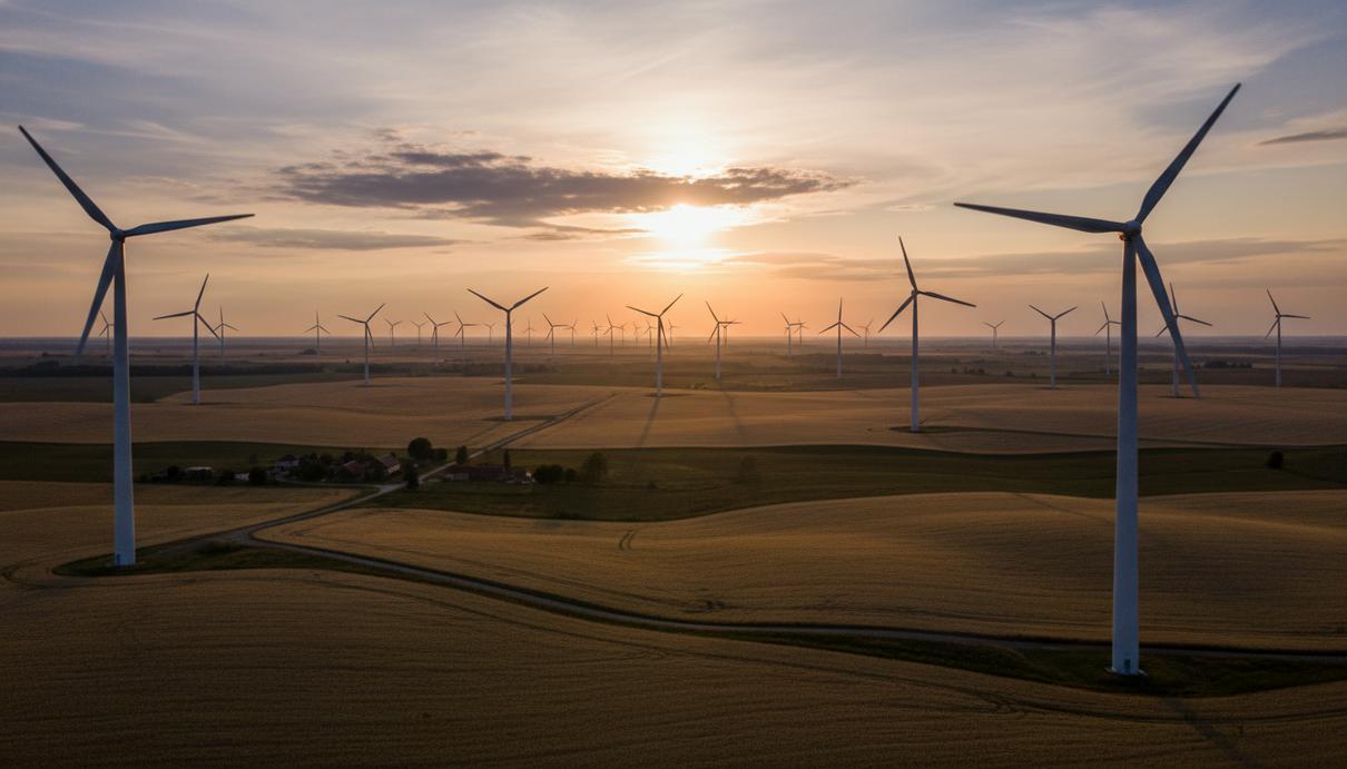 Масштабный ветропарк с множеством высоких ветряных турбин, расположенных на обширной равнине или сельскохозяйственных полях под открытым небом.