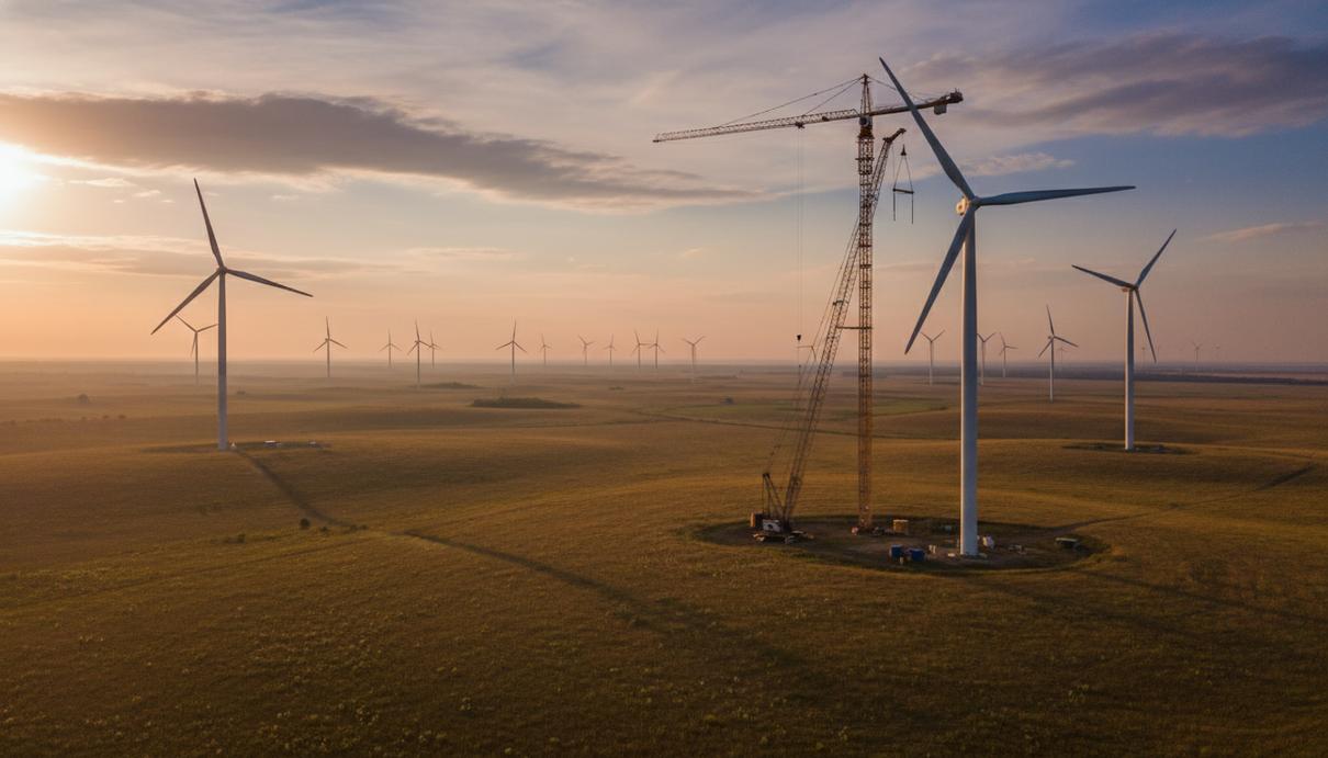 Ветропарк в румынской равнине с работающими и строящимися ветряными турбинами. На фоне видны монтажные краны.