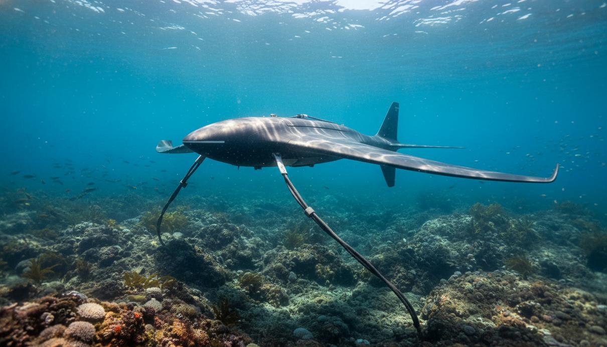 Подводная установка приливной энергетики Minesto Dragon, похожая на планер, в чистых водах океана у скалистого дна. Солнечные лучи освещают устройство.