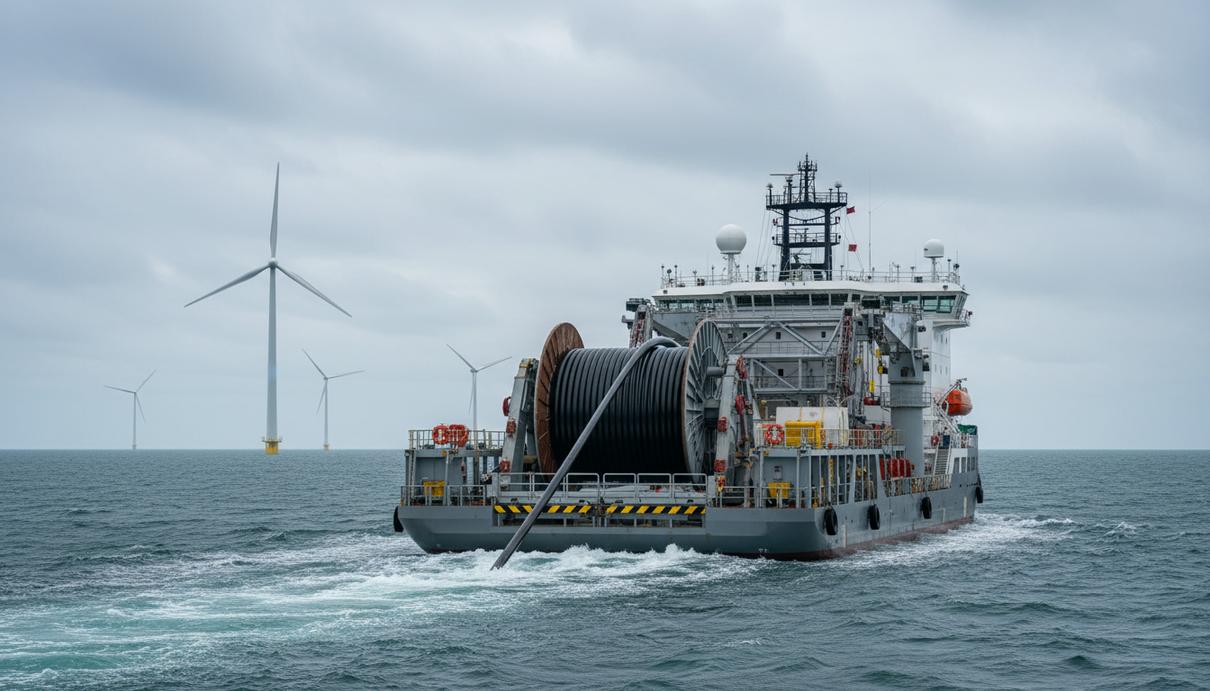Судно-кабелеукладчик разворачивает подводные кабели для морской ветроэнергетической фермы в Балтийском море на фоне ветряных турбин.