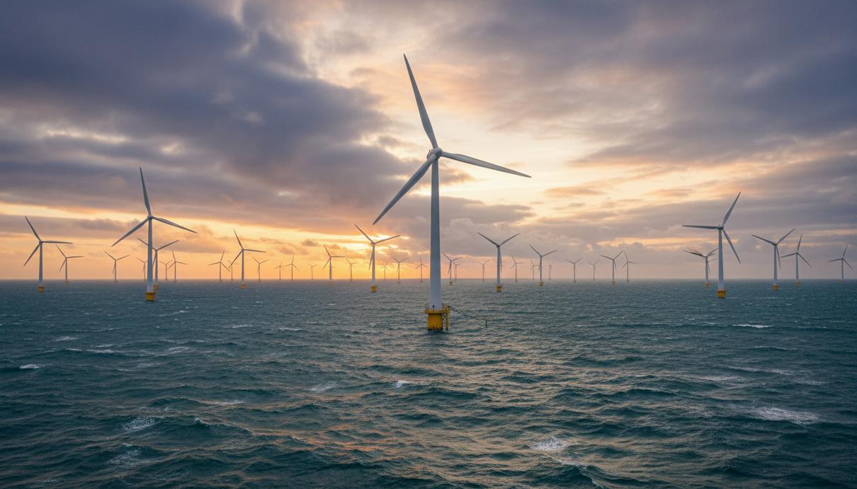 Масштабная морская ветроэнергетическая ферма с множеством турбин в океане на фоне облачного неба в азиатско-тихоокеанском регионе.