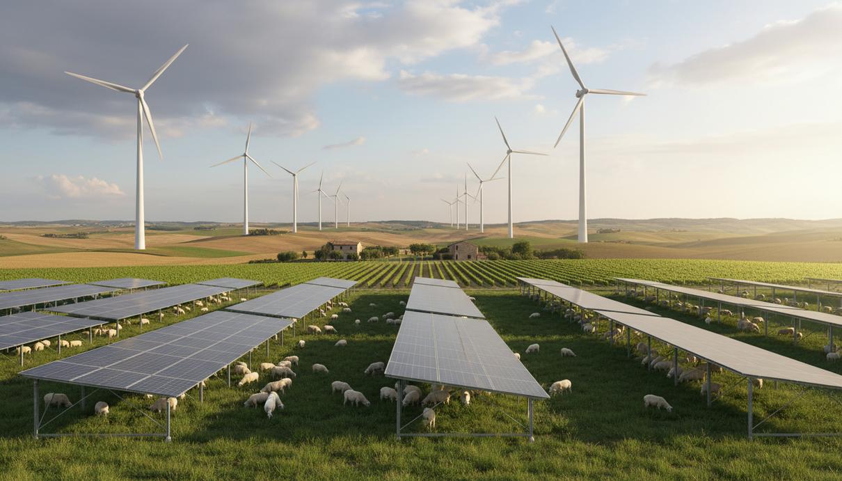 Панорама итальянского ландшафта, где высокие ветряные турбины соседствуют с рядами приподнятых агрофотоэлектрических солнечных панелей. Под панелями пасутся животные или растут культуры.