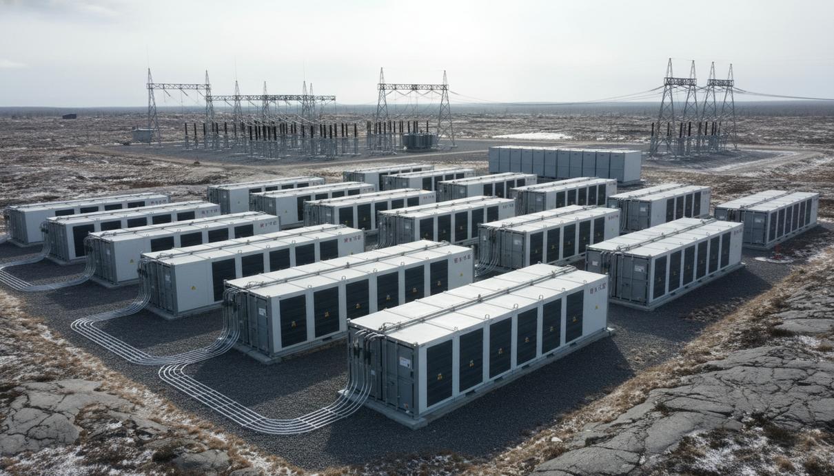 Модульная аккумуляторная система хранения энергии (BESS) на открытой местности в Финляндии, рядом с высоковольтной электрической подстанцией и линиями электропередачи.