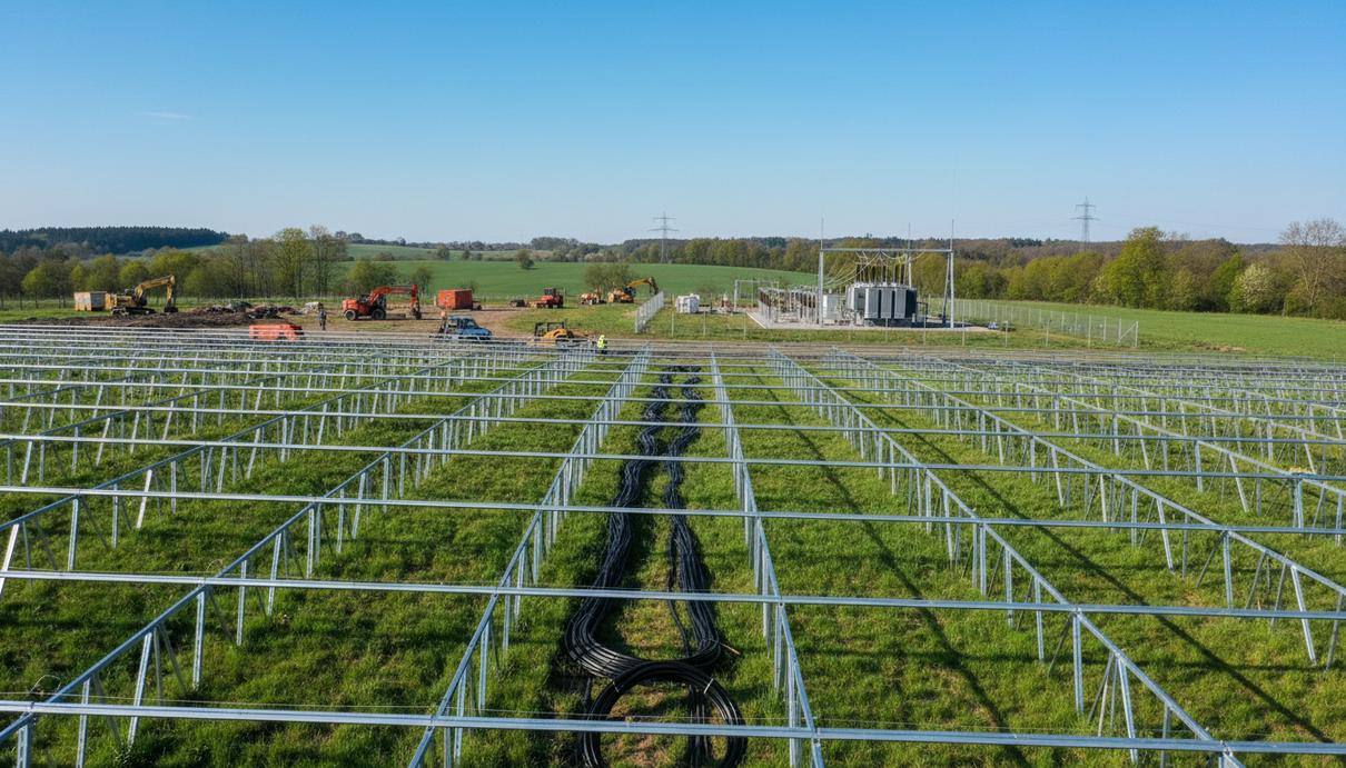Строящаяся солнечная электростанция с рядами опор для модулей и проложенными кабелями на фоне сельского пейзажа в Германии. Видна подстанция с трансформатором.