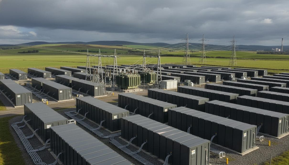 Масштабный аккумуляторный накопитель энергии (BESS) с рядами контейнеров и электрооборудованием на фоне холмистого ландшафта Шотландии, недалеко от Глазго.