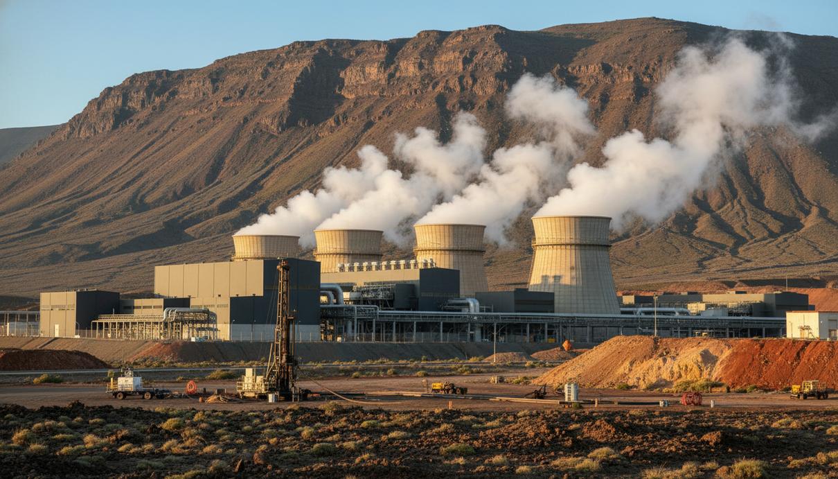 Современная геотермальная электростанция с паровыми шлейфами на фоне гористого пейзажа, с буровыми установками на переднем плане.