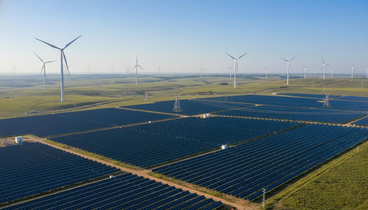 Панорамный вид на обширные поля солнечных панелей и несколько современных наземных ветряных турбин, вращающихся под ясным небом.