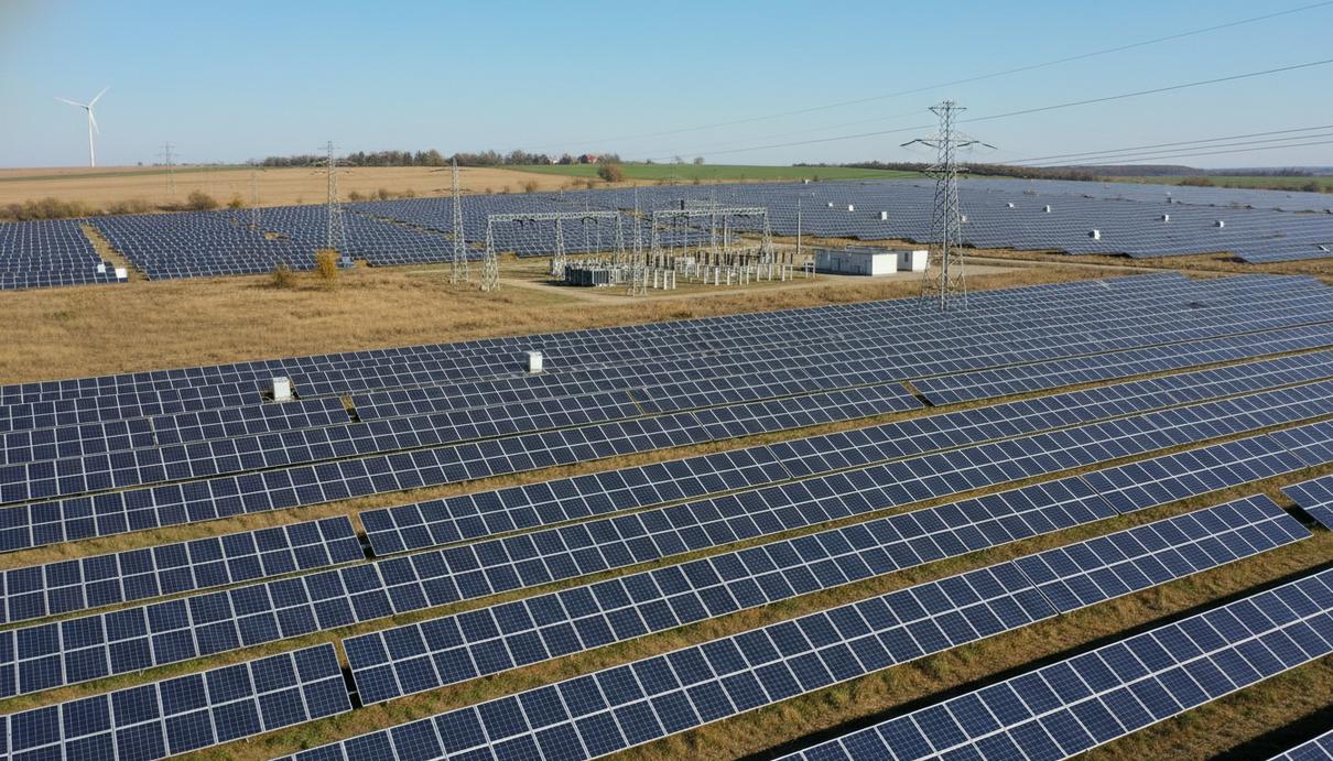 Масштабная солнечная электростанция в Польше с рядами фотоэлектрических панелей, протянувшихся до горизонта, и элементами подключения к электросети.