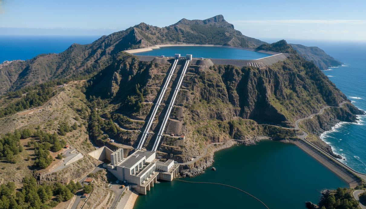 Масштабная гидроаккумулирующая электростанция с верхним и нижним водохранилищами в горной местности Канарских островов, Испания.