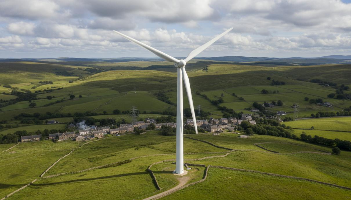 Высокая ветротурбина стоит посреди зеленых холмов в шотландской сельской местности. Видны элементы инфраструктуры и линии электропередачи.
