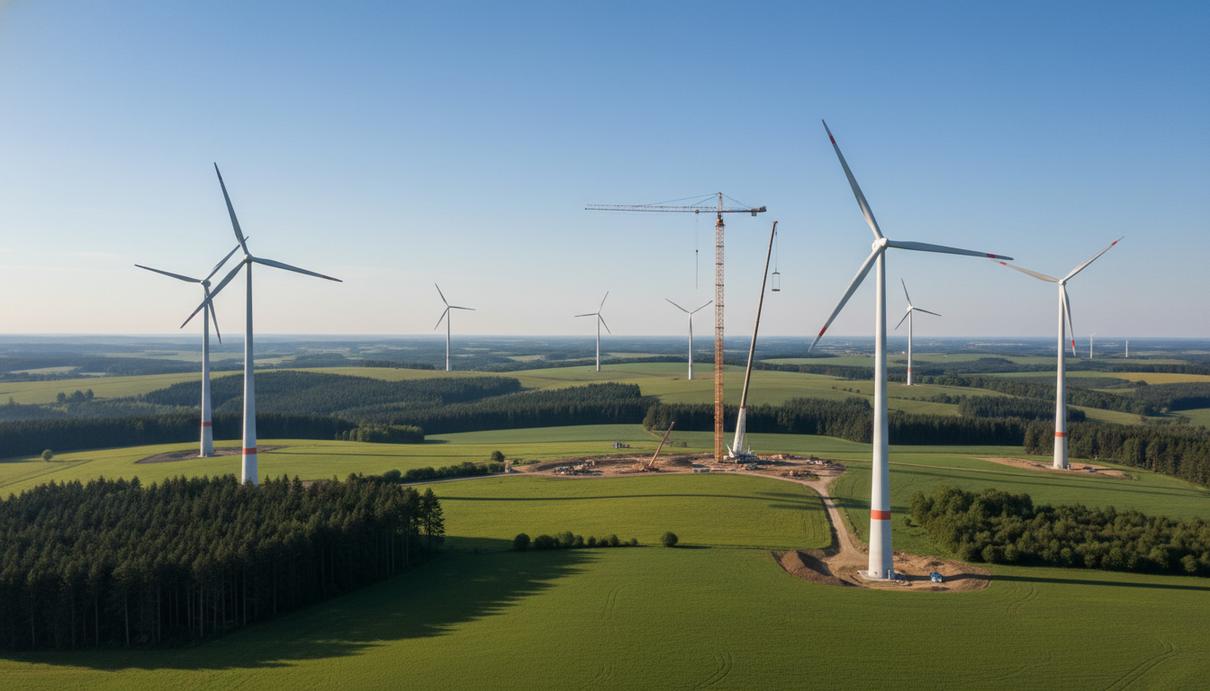 Строительство современного ветропарка Wippershainer Höhe в Германии: высокие ветряные турбины, частично собранные, с работающими строительными кранами на фоне холмистого ландшафта.