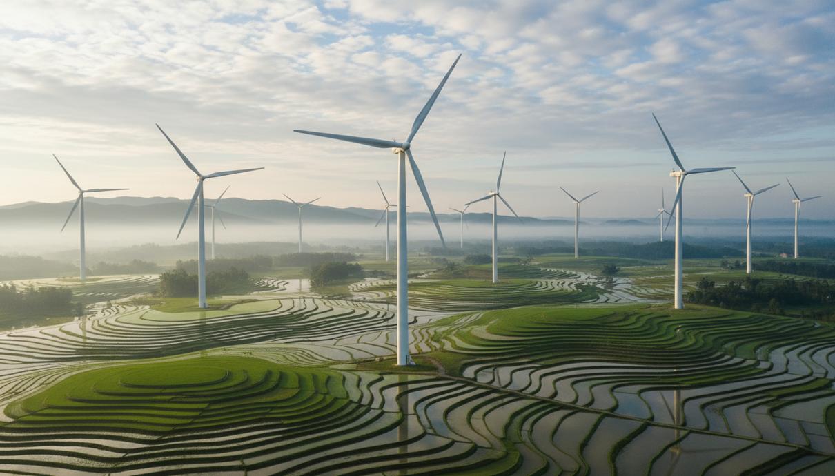 Ветряные турбины на фоне зеленых полей и холмов в сельской местности Вьетнама, демонстрирующие производство возобновляемой энергии.