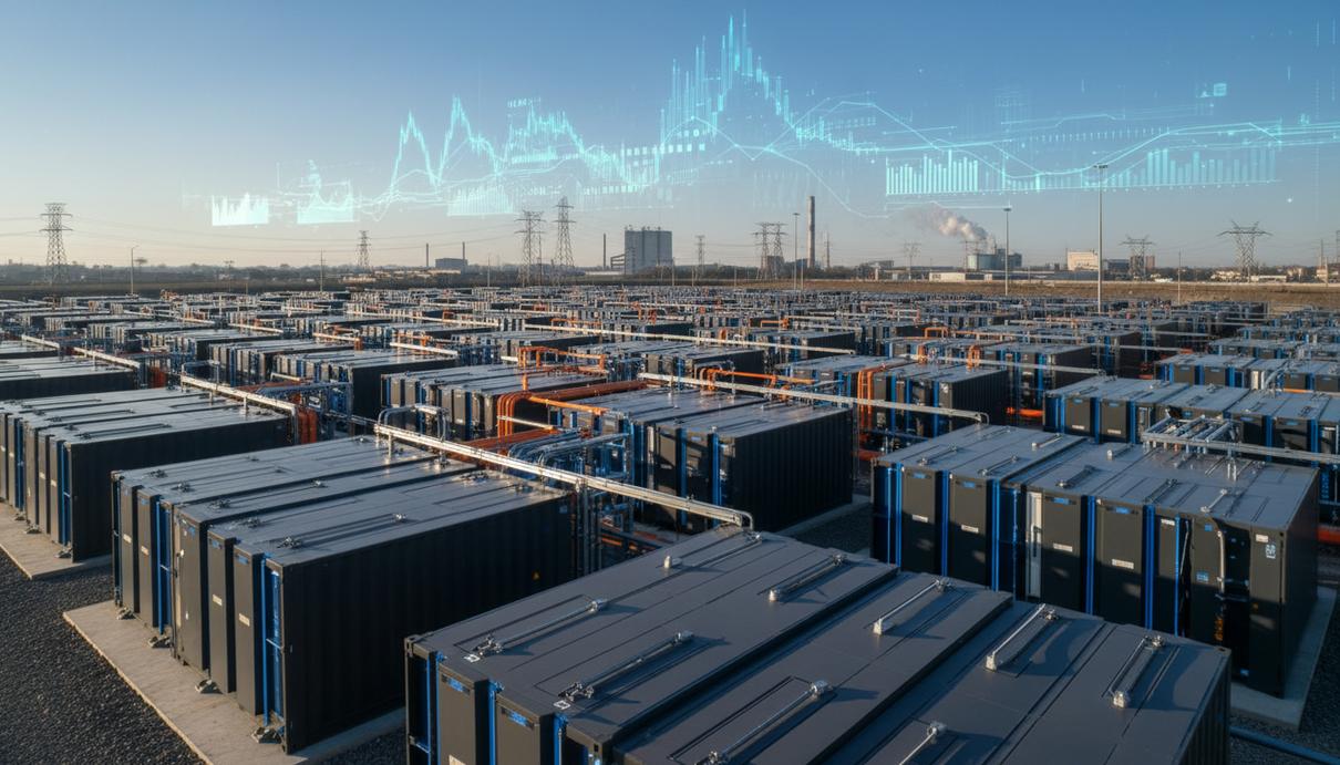Масштабная система накопления энергии (BESS) с рядами контейнеров, сложной проводкой и элементами цифрового мониторинга.