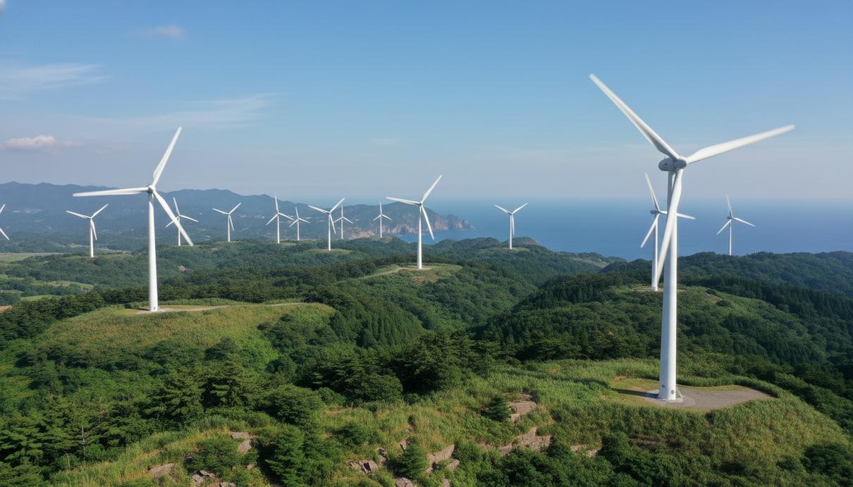 Современный ветропарк на побережье Японии с крупными белыми ветротурбинами Vestas на фоне зеленого холмистого ландшафта и неба.