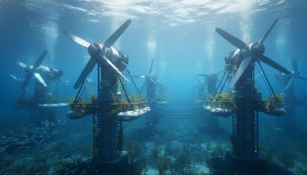 Подводный вид на массив приливных турбин, установленных на морском дне, с морской фауной вокруг. Океанское течение, лучи света проникают сквозь воду.