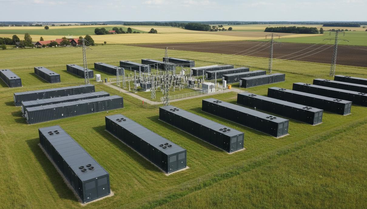 Масштабный комплекс систем накопления энергии с рядами батарейных контейнеров, электросетями и подстанцией на фоне немецкого ландшафта.