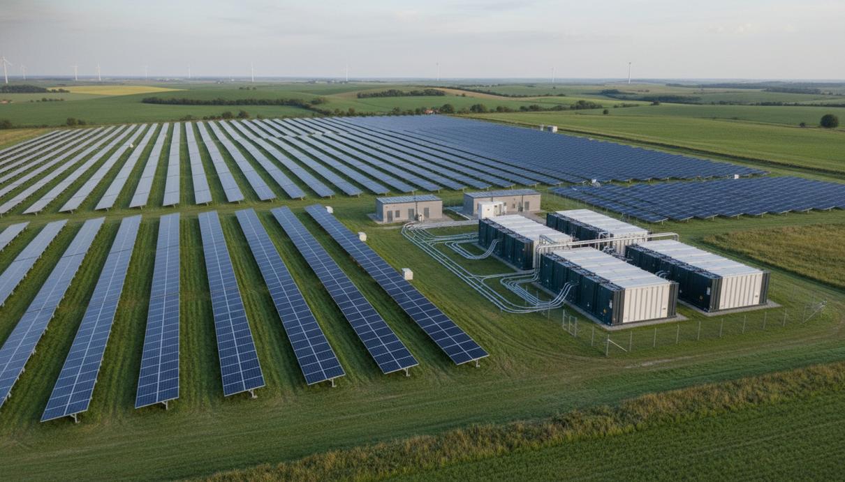 Масштабный гибридный энергопарк на полуострове Дьюрсланд в Дании с рядами солнечных панелей и контейнерами систем хранения энергии.