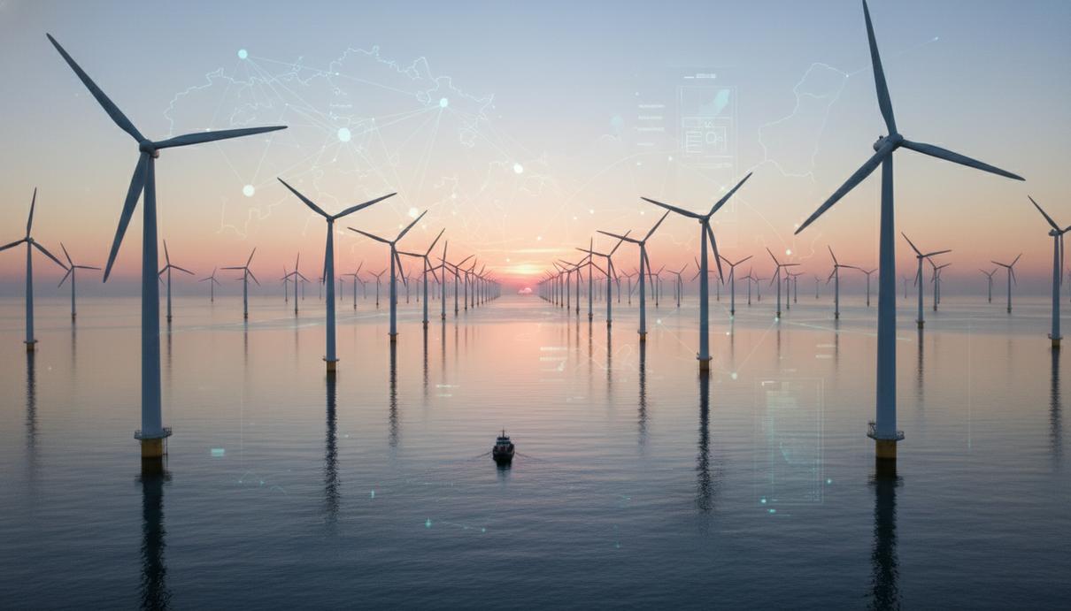 Морская ветроэлектростанция на горизонте Северного моря на рассвете. Множество современных ветряных турбин в спокойных водах на фоне цифровой карты.